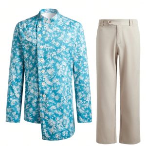 Manfinity KASUA Men??s Full Floral Print Asymmetrical Hem Single-Breasted Suit Jacket And Straight Leg Pants Set