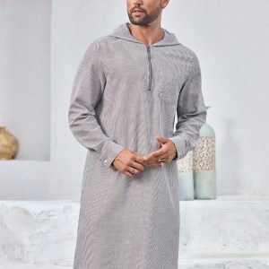 Manfinity KASUA Men??s Arabic Style Hooded Striped Robe Breathable Cotton Blend