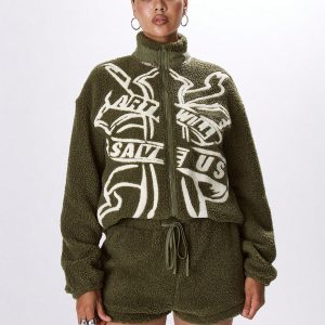 MUSERA Fluffy Slogan Loose Fit Fleece Coat