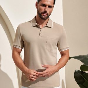 Manfinity KASUA Men??s Casual Contrast Trim Single-Breasted Polo Shirt, Summer