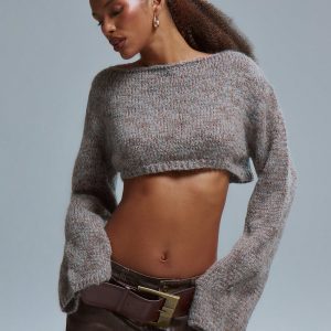MUSERA MUSERA Slash Neck Crop Knitted Cropped Sweater
