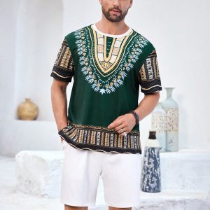 Manfinity KASUA Men??s Retro Print T-Shirt Set, Comfortable & Breathable For Casual, Daily & Festival Wear