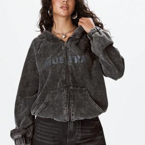 MUSERA Zip Up Hooded Acid Wash Sweatshirt