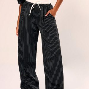 MUSERA Work Drawstring Waist Band Straight Leg Trousers