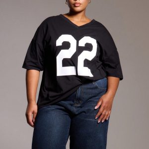 MUSERA Plus Size 22 Varsity Printed V Neck Short Sleeve T Shirt
