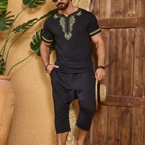 Manfinity KASUA Men??s Notched Collar Printed Short Sleeve T-Shirt And Long Pants Two-Piece Set, Going Out, Husband, Boho