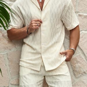 Manfinity KASUA Men??s Monochrome Short Sleeve Top And Shorts Two Piece Set With Single Breasted Closure , Going Out , Husband , Rave Outfit , Plain , Casual