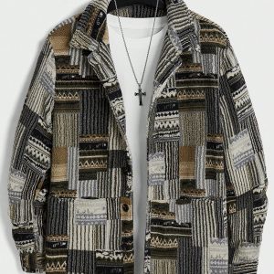 Manfinity KASUA Men??s Button-Up PlushPrinted Long Sleeve Fashionable Jacket Coat For Daily Wear