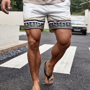 Manfinity KASUA Loose Men??s Striped Print Shorts With Drawstring Waist Pattern Cool Graphic Colorful All White Vacation Casual Friends
