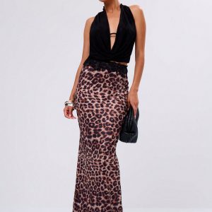 MUSERA Lace Contrast Leopard Maxi Skirt