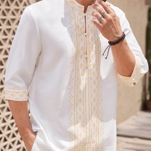 Manfinity KASUA Men??s Geometric Print Stand Collar Shirt And Pocket Shorts Casual 2-Piece Set