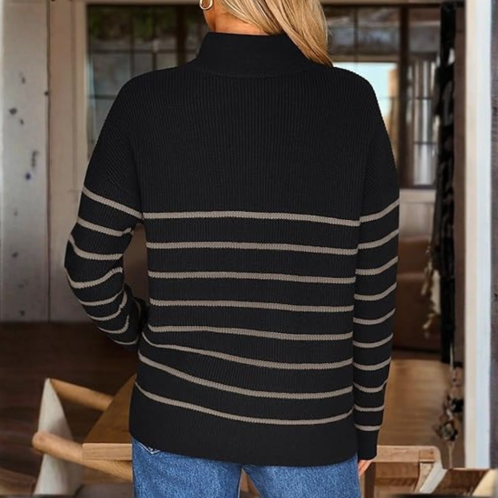 Quarter Zip Striped Design Oversized Sweater For Women - Image 9