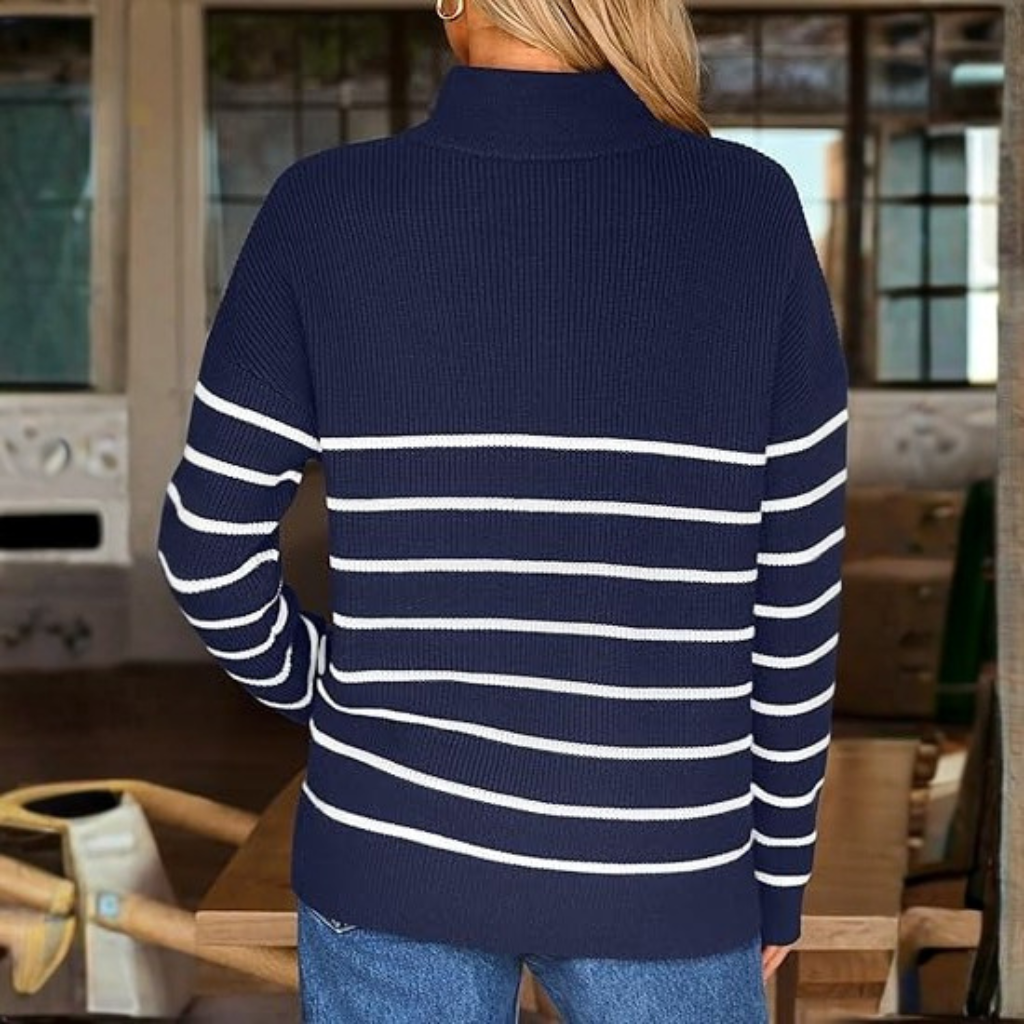 Quarter Zip Striped Design Oversized Sweater For Women - Image 13