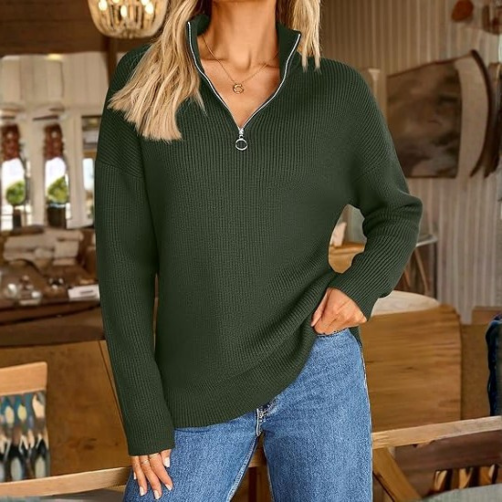 Quarter Zip Striped Design Oversized Sweater For Women - Image 15