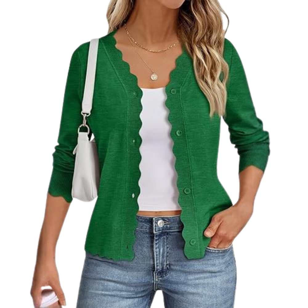 Lightweight Button Down Knit Cardigan With Scallop Trim - Image 12