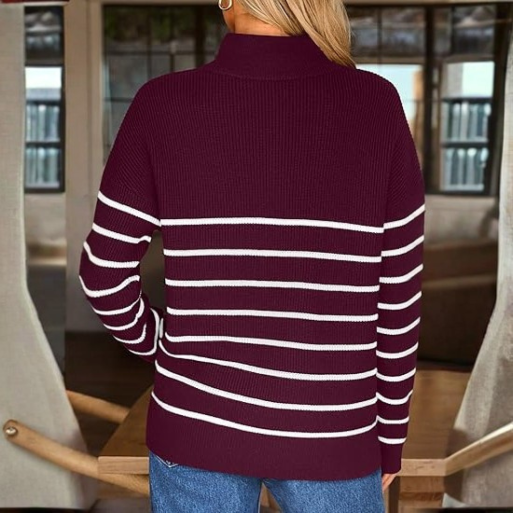 Quarter Zip Striped Design Oversized Sweater For Women - Image 10