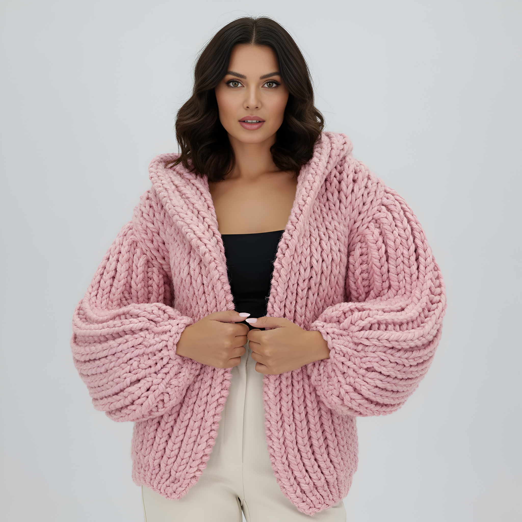 Oversized Cable Knit Hooded Open Front Cardigan For Women - Image 14