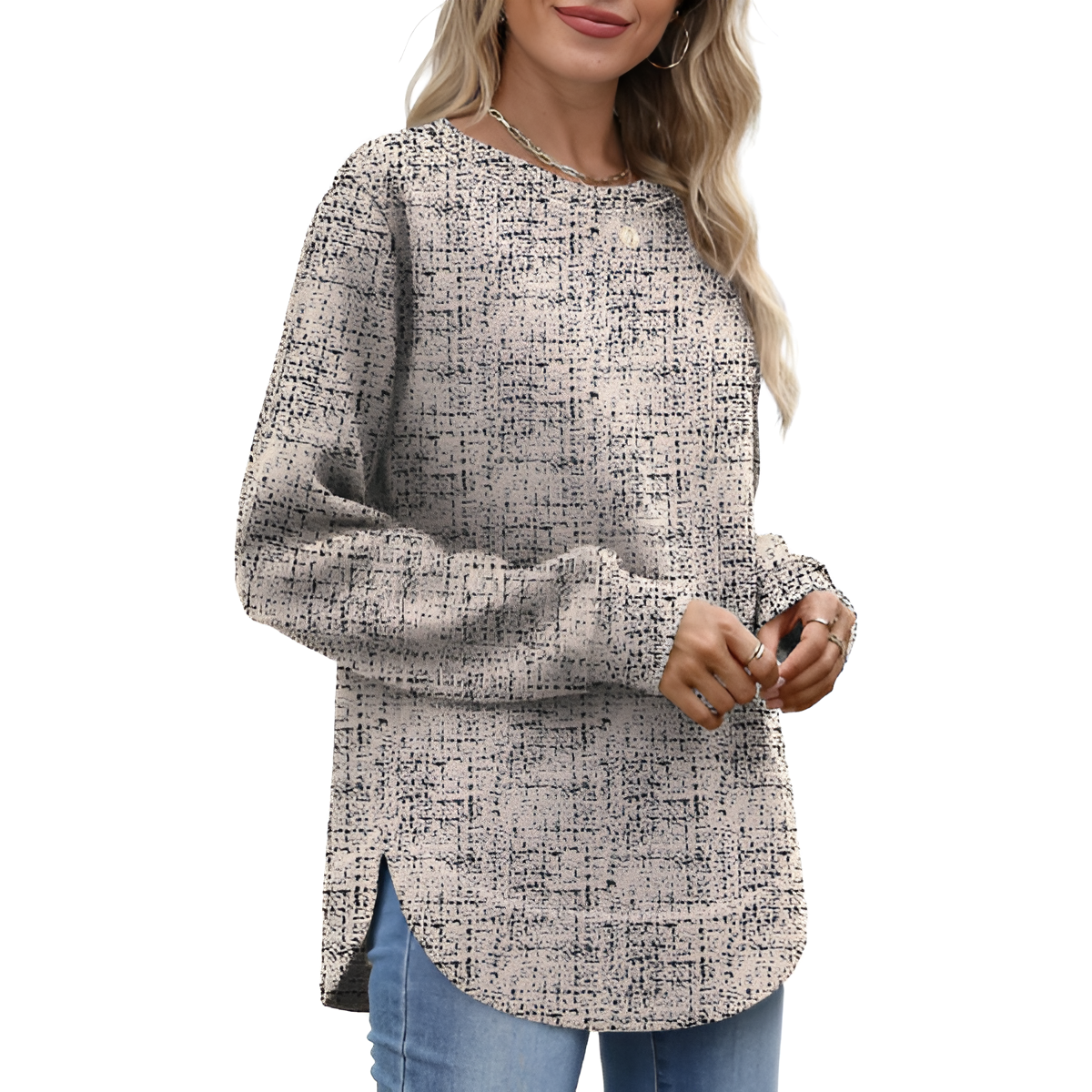 Dressy Long Sleeve Tunic Sweater With Curved Hem And Loose Fit For Women - Image 36