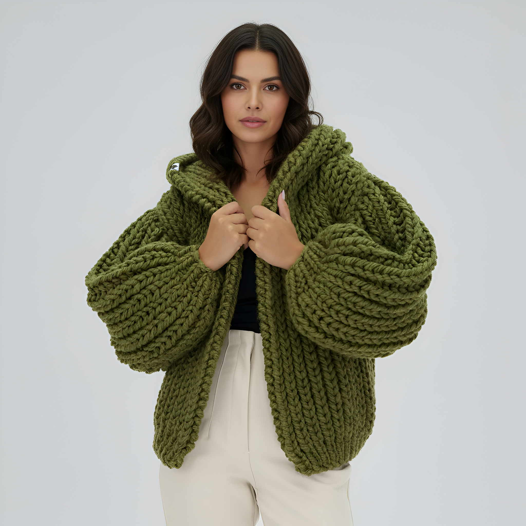 Oversized Cable Knit Hooded Open Front Cardigan For Women - Image 10