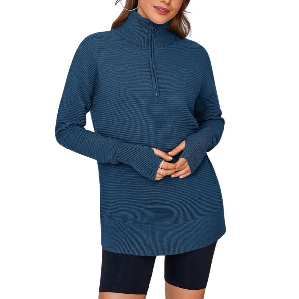 Casual Long Sleeve Quarter Knit Zip Up Sweater Top For Women