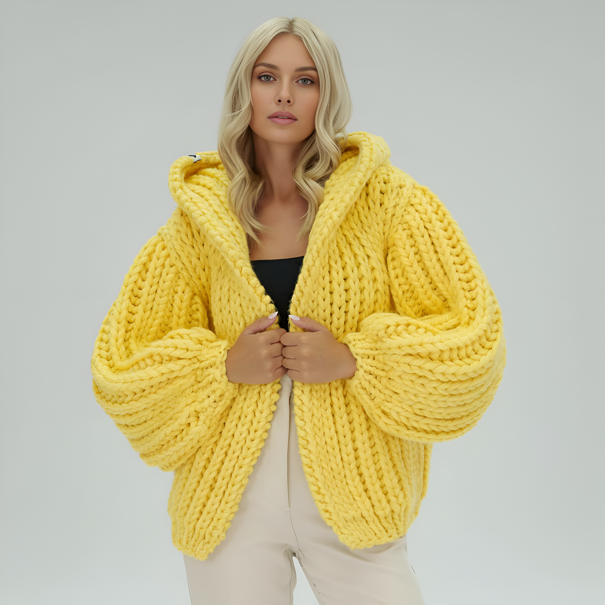 Oversized Cable Knit Hooded Open Front Cardigan For Women - Image 8