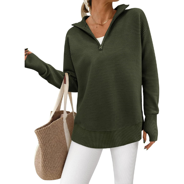 Casual Long Sleeve Quarter Knit Zip Up Sweater Top For Women - Image 14