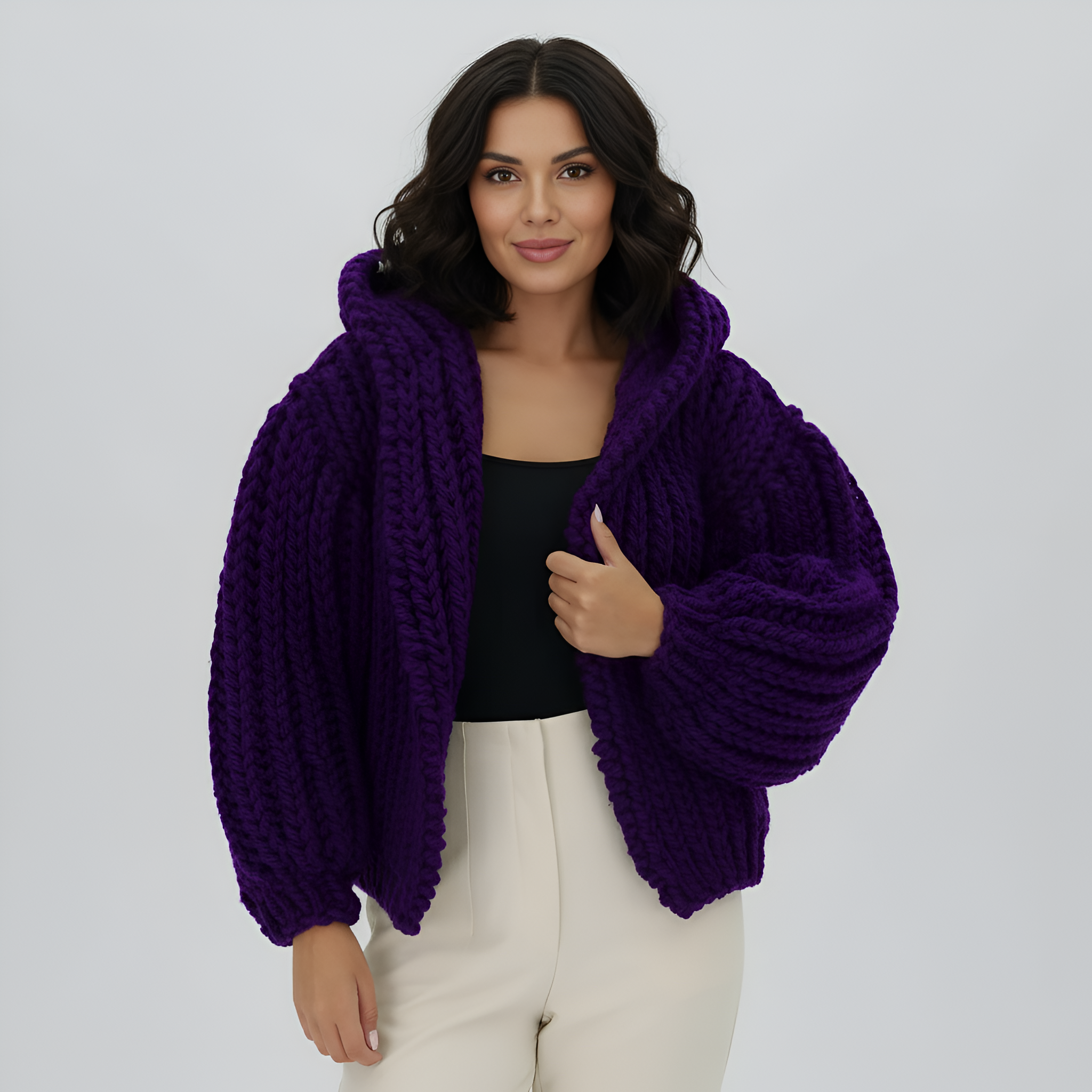 Oversized Cable Knit Hooded Open Front Cardigan For Women - Image 12