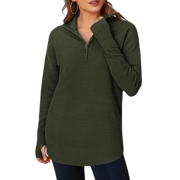 Casual Long Sleeve Quarter Knit Zip Up Sweater Top For Women - Image 12