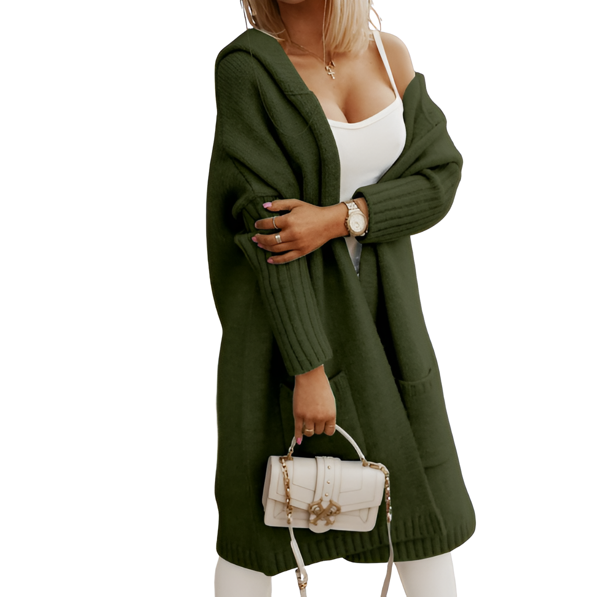 Long Knitted Hooded Cardigan With Open Front For Women - Image 13