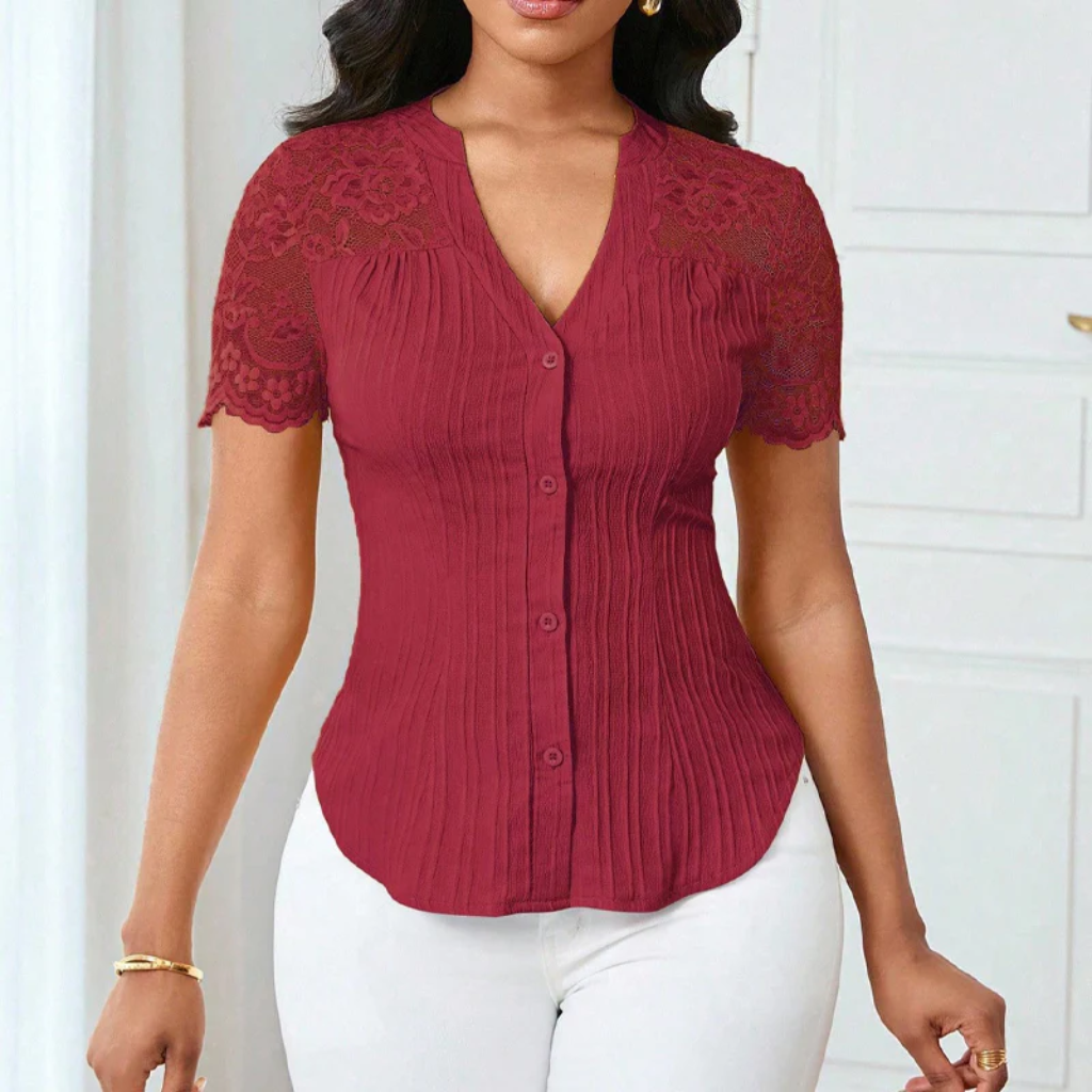 Ribbed Knit Button Down Top With Lace Sleeves - Image 5