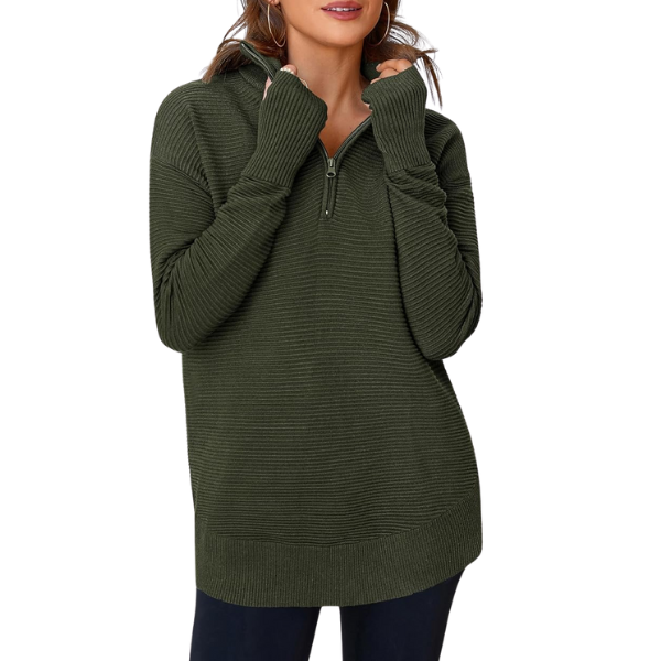 Casual Long Sleeve Quarter Knit Zip Up Sweater Top For Women - Image 13