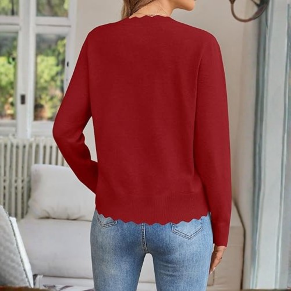 Lightweight Button Down Knit Cardigan With Scallop Trim - Image 7