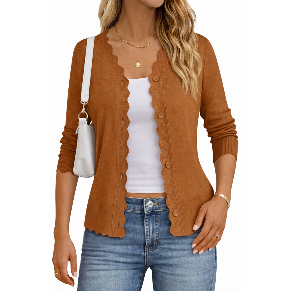 Lightweight Button Down Knit Cardigan With Scallop Trim - Image 16