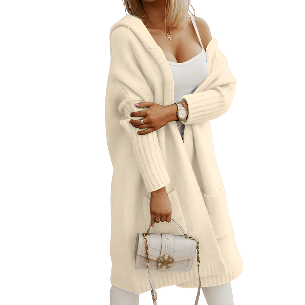 Long Knitted Hooded Cardigan With Open Front For Women - Image 10