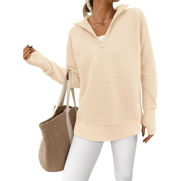 Casual Long Sleeve Quarter Knit Zip Up Sweater Top For Women - Image 21