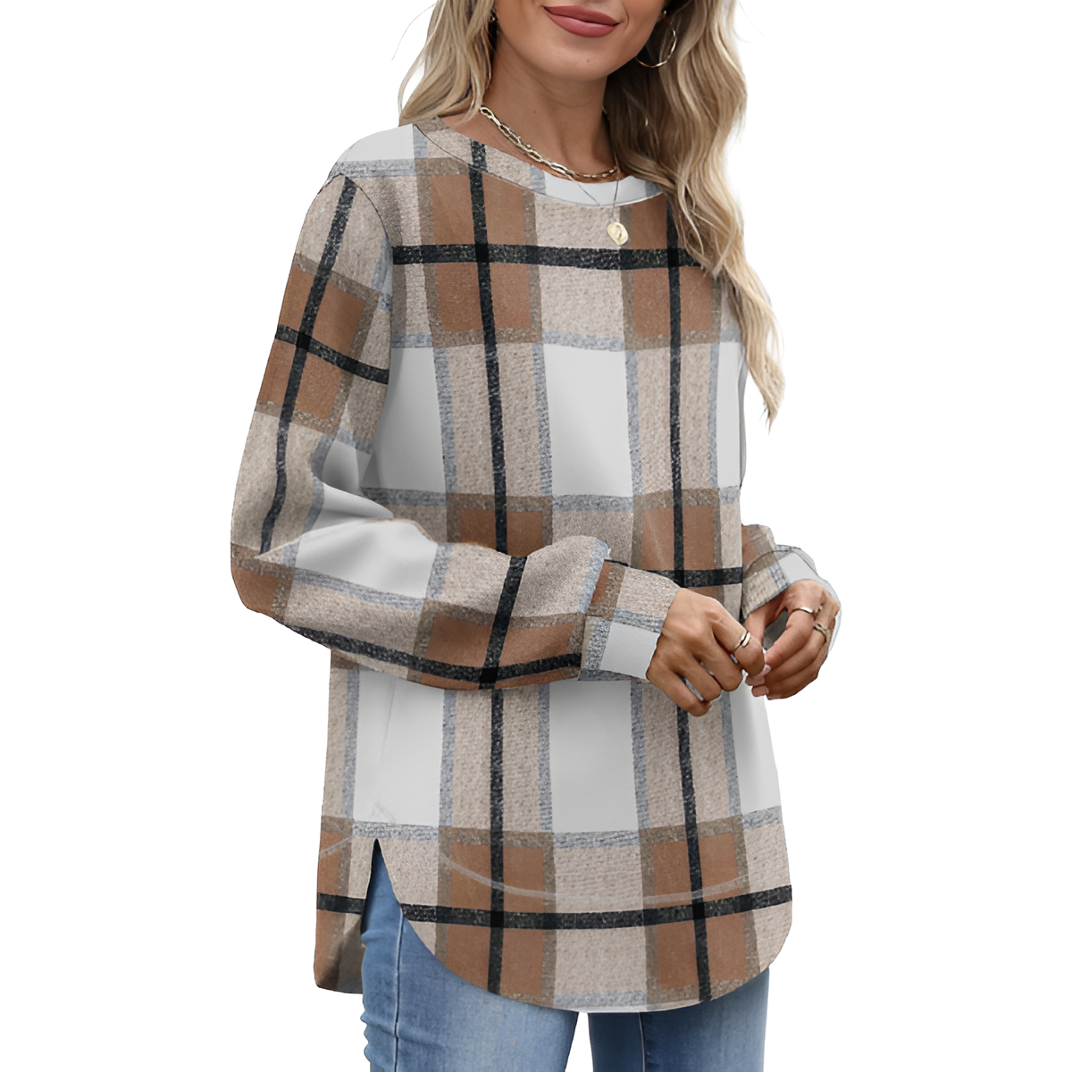 Dressy Long Sleeve Tunic Sweater With Curved Hem And Loose Fit For Women - Image 33