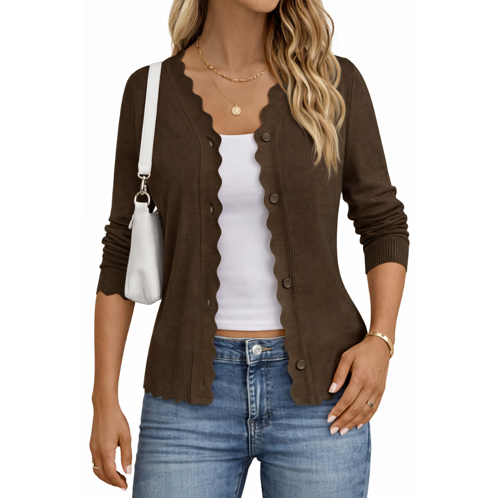 Lightweight Button Down Knit Cardigan With Scallop Trim - Image 22