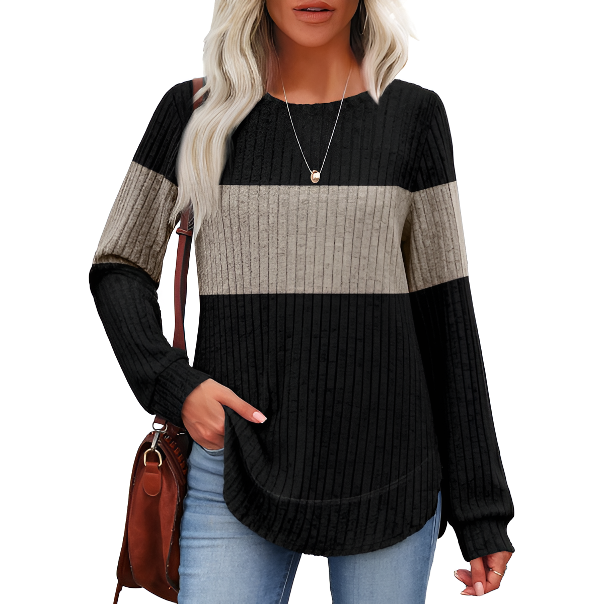 Dressy Long Sleeve Tunic Sweater With Curved Hem And Loose Fit For Women - Image 4