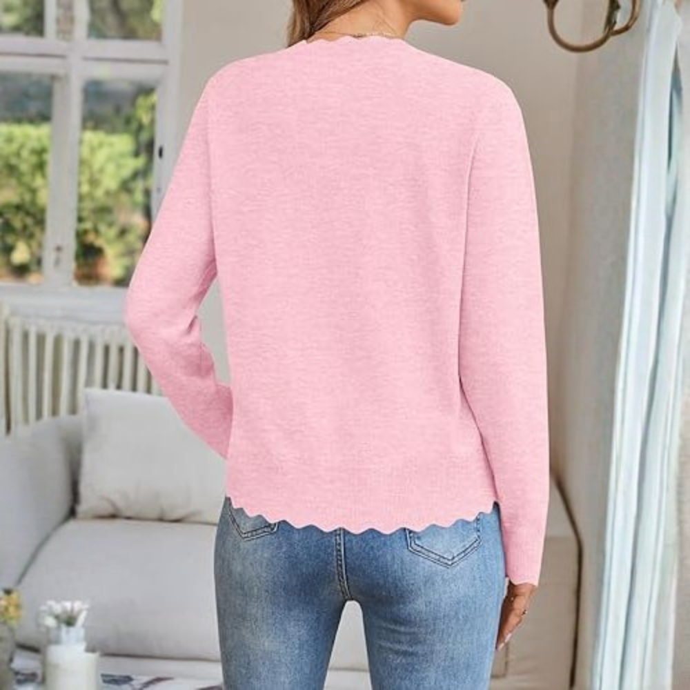 Lightweight Button Down Knit Cardigan With Scallop Trim - Image 19