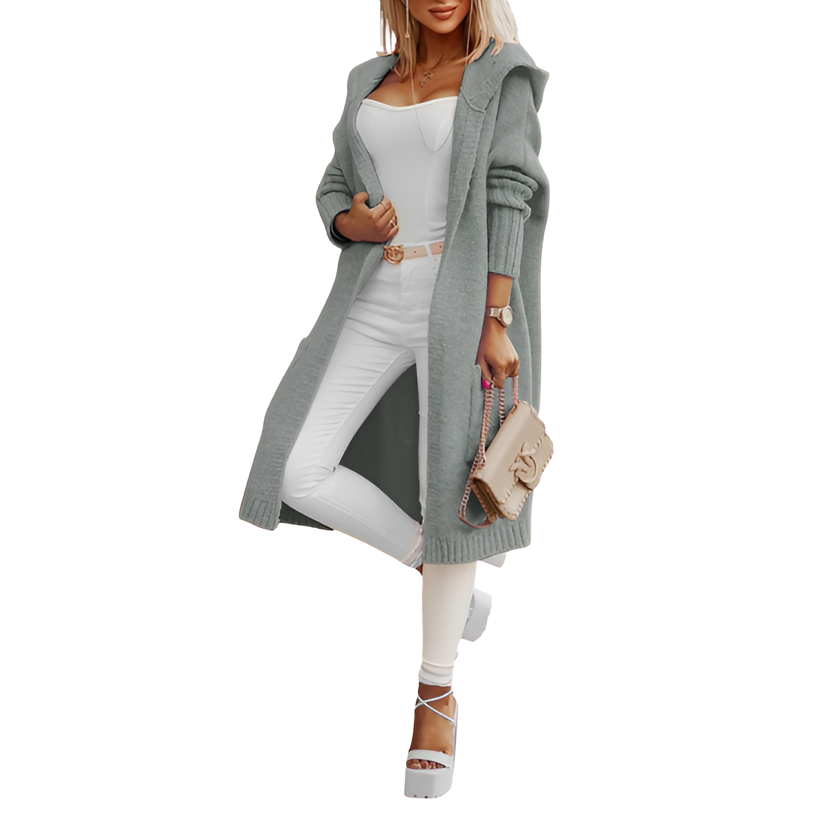 Long Knitted Hooded Cardigan With Open Front For Women - Image 26