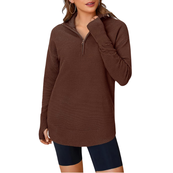 Casual Long Sleeve Quarter Knit Zip Up Sweater Top For Women - Image 35