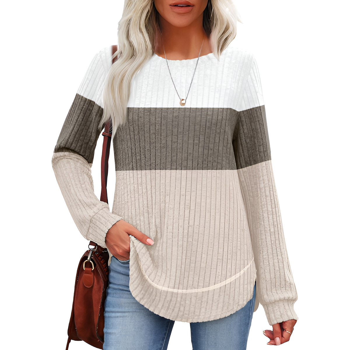 Dressy Long Sleeve Tunic Sweater With Curved Hem And Loose Fit For Women - Image 11