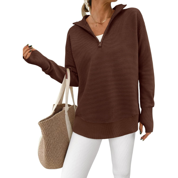 Casual Long Sleeve Quarter Knit Zip Up Sweater Top For Women - Image 34