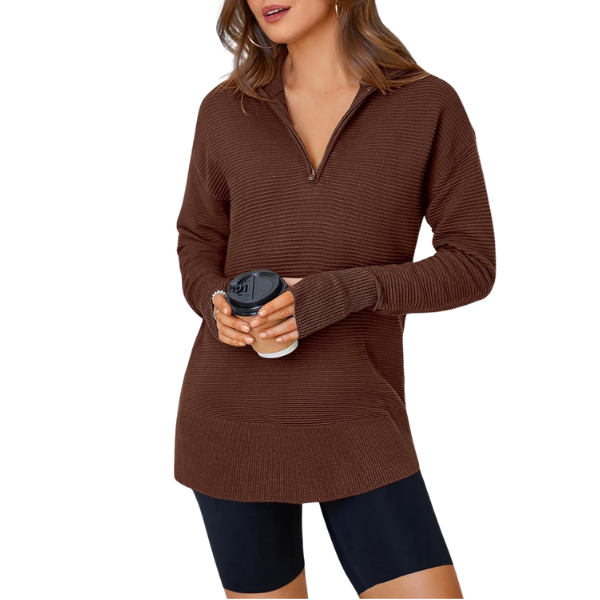 Casual Long Sleeve Quarter Knit Zip Up Sweater Top For Women - Image 32