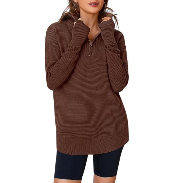 Casual Long Sleeve Quarter Knit Zip Up Sweater Top For Women - Image 31