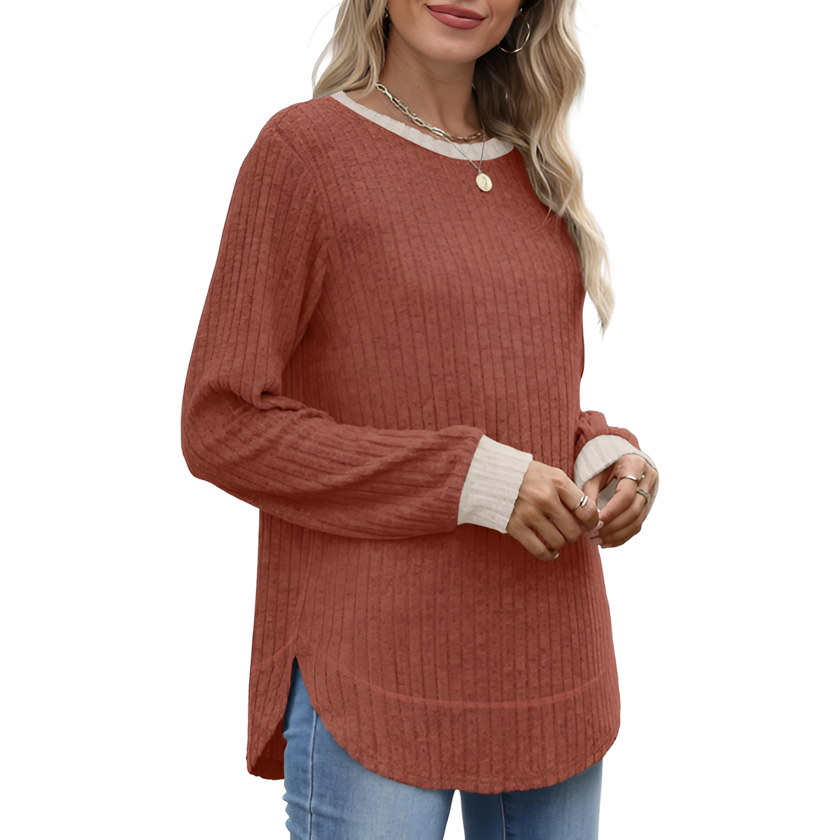 Dressy Long Sleeve Tunic Sweater With Curved Hem And Loose Fit For Women - Image 24