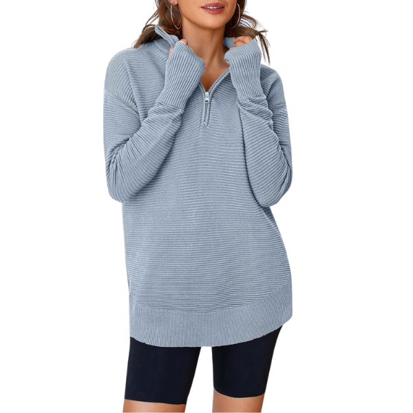 Casual Long Sleeve Quarter Knit Zip Up Sweater Top For Women - Image 37