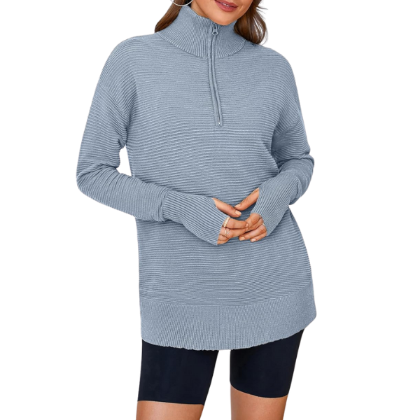 Casual Long Sleeve Quarter Knit Zip Up Sweater Top For Women - Image 36