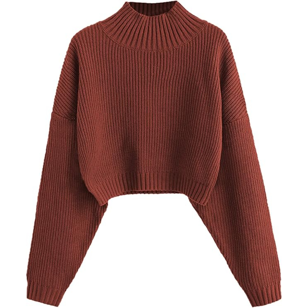 Cropped Ribbed Knit Pullover Sweater With Lantern Sleeves - Image 11