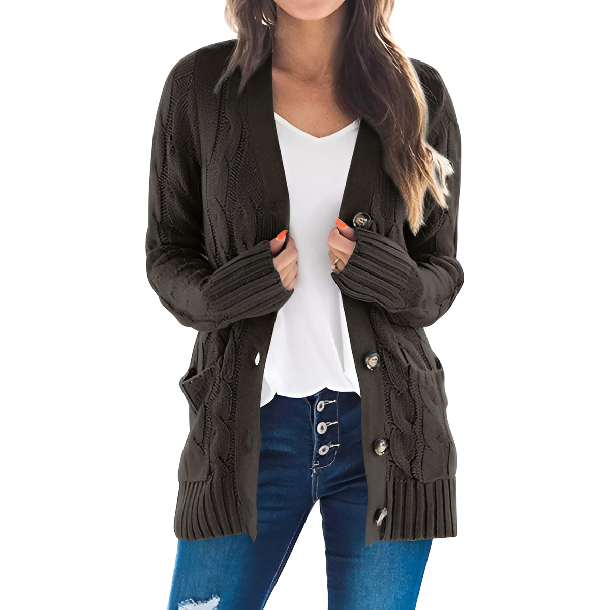 Cable Knit Button Front Open Cardigan